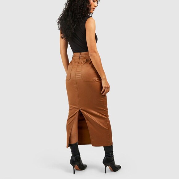 π NWT Boohoo Tan Split-Back Midaxi Skirt - Size: 12 - Picture 3 of 4